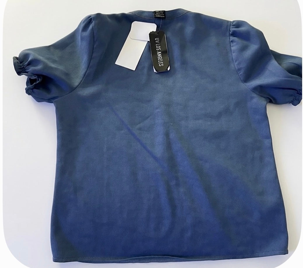Liv Los Angeles Women’s Blue Solid Cotton Band Collar Puff Sleeve Blouse Size S