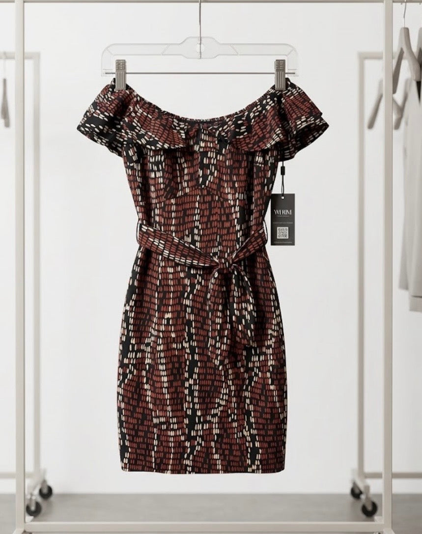 WHBM Off the Shoulder Ruffle Belted Mini Dress Geometric Brown Black White S