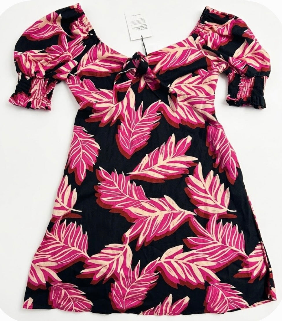 Who What Wear Pink Floral Leaf Print Square Neck Puff Sleeve Woven Mini Dress S