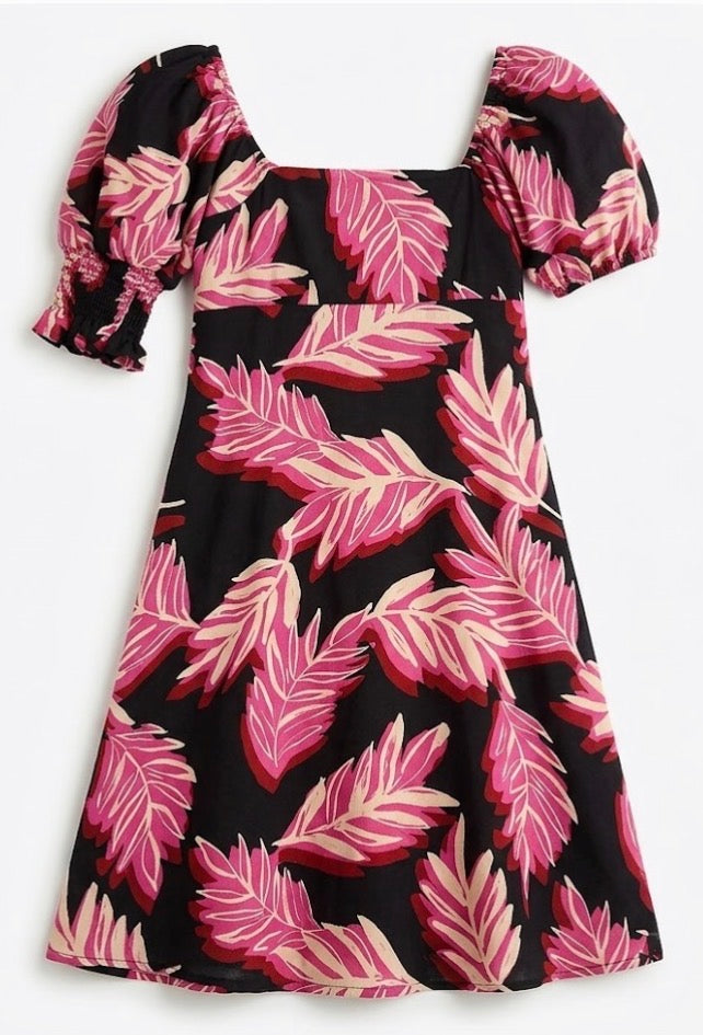 Who What Wear Pink Floral Leaf Print Square Neck Puff Sleeve Woven Mini Dress S