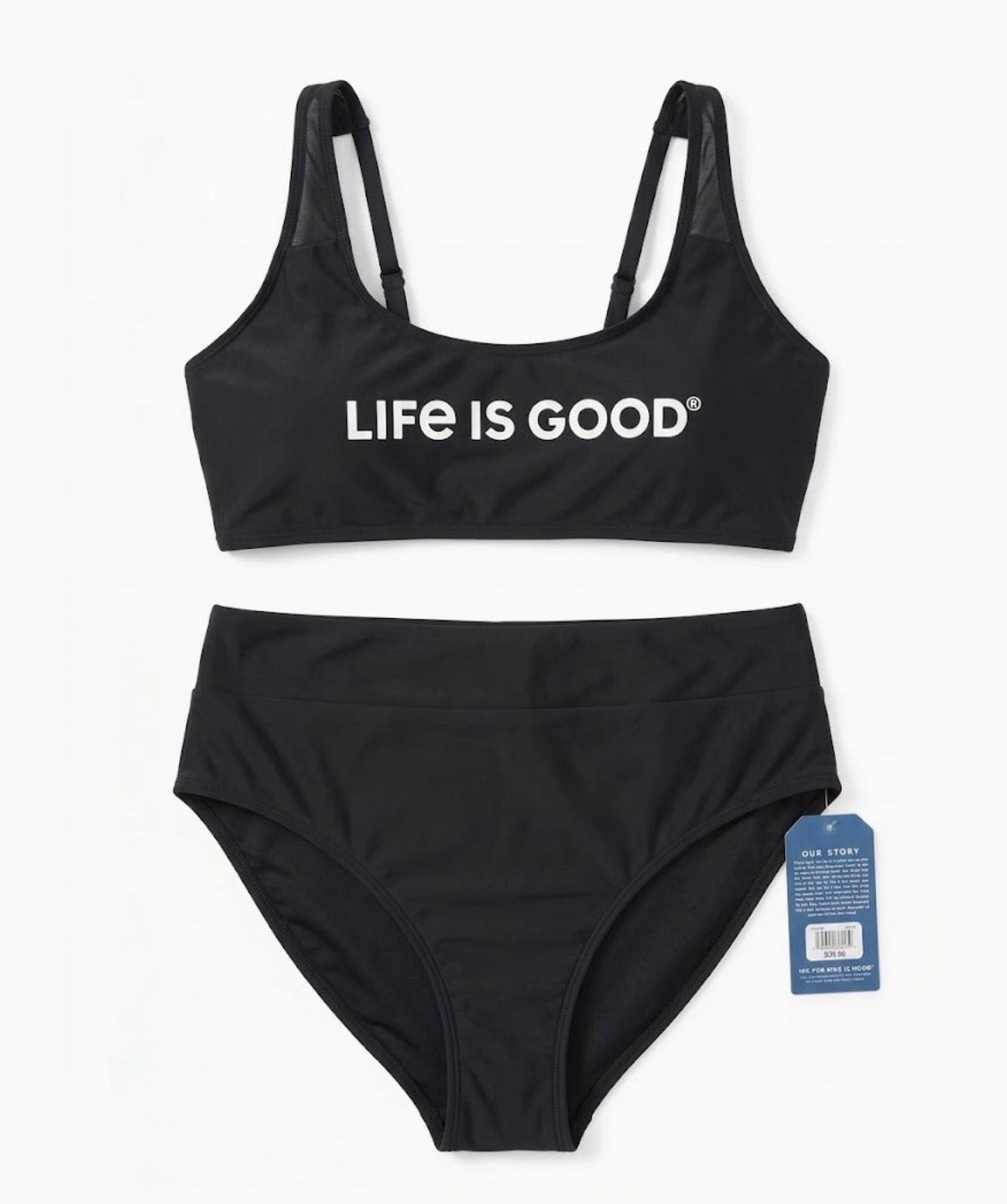 Life is Good Women's Black 2pc Bikini Bralette Logo High-Waist Bottom M