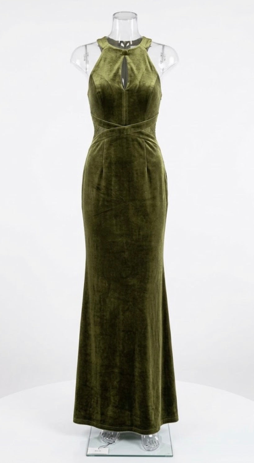 Little Mistress Olive Velvet Halter Sleeveless Maxi Dress Stretch Tie Size 2