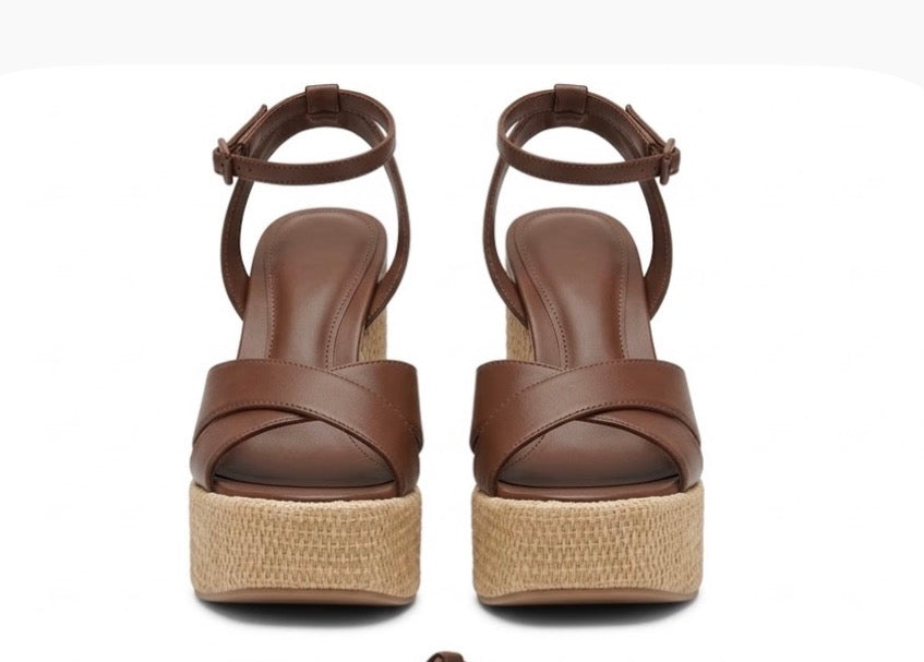 DIANE Brown Beige Leather Strappy Block Heel Sandals Buckle Ankle Strap 9.5 M