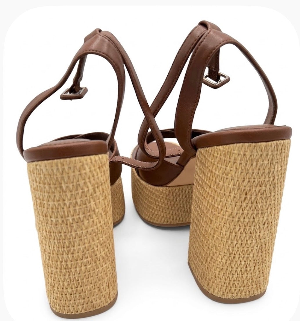 DIANE Brown Beige Leather Strappy Block Heel Sandals Buckle Ankle Strap 9.5 M
