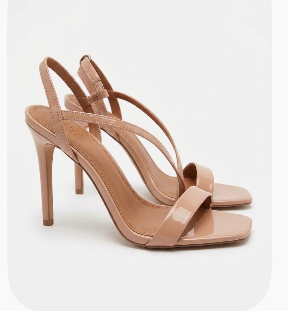 ASOS Beige Patent Leather Strappy Stiletto Heels Square Toe Ankle Strap US 9
