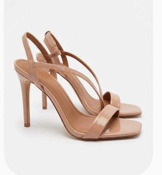 ASOS Beige Patent Leather Strappy Stiletto Heels Square Toe Ankle Strap US 9