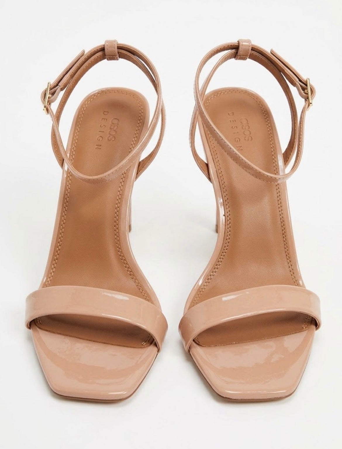 ASOS Beige Patent Leather Strappy Stiletto Heels Square Toe Ankle Strap US 9