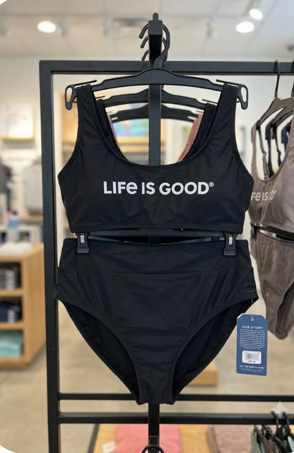 Life is Good Women's Black 2pc Bikini Bralette Logo High-Waist Bottom M