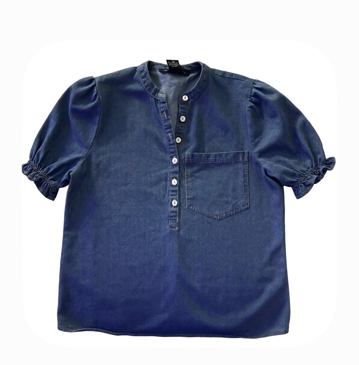 Liv Los Angeles Women’s Blue Solid Cotton Band Collar Puff Sleeve Blouse Size S