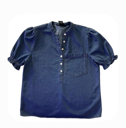 Liv Los Angeles Women’s Blue Solid Cotton Band Collar Puff Sleeve Blouse Size S