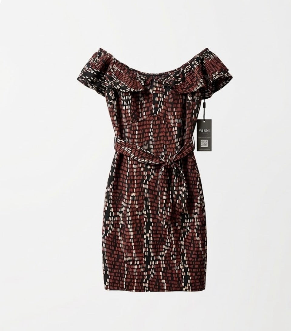 WHBM Off the Shoulder Ruffle Belted Mini Dress Geometric Brown Black White S