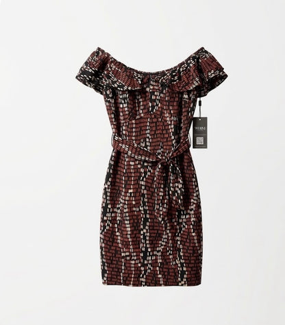 WHBM Off the Shoulder Ruffle Belted Mini Dress Geometric Brown Black White S