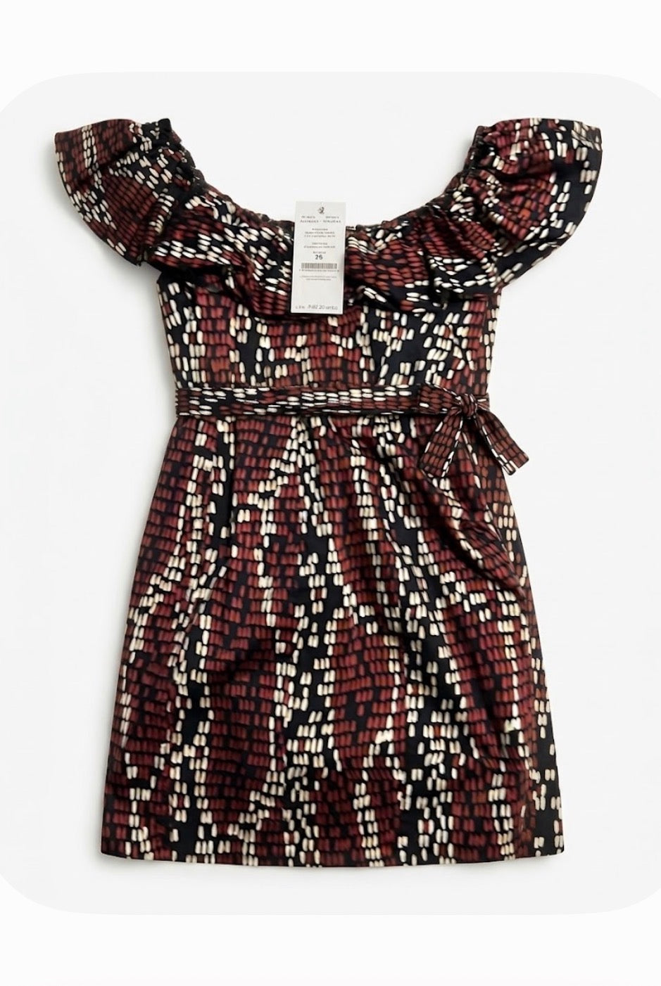 WHBM Off the Shoulder Ruffle Belted Mini Dress Geometric Brown Black White S