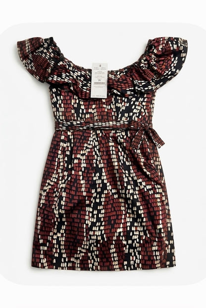 WHBM Off the Shoulder Ruffle Belted Mini Dress Geometric Brown Black White S