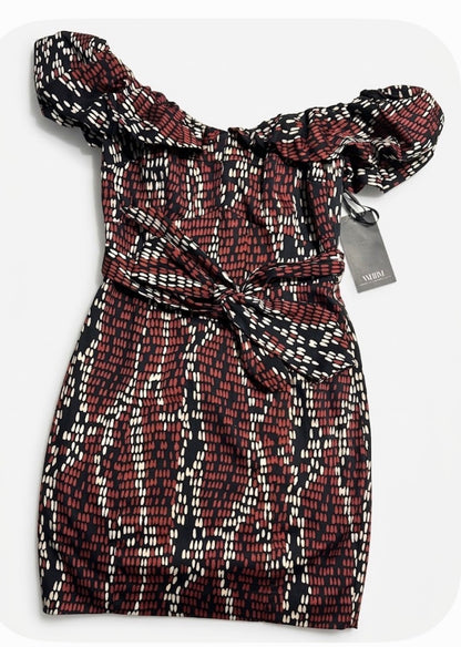 WHBM Off the Shoulder Ruffle Belted Mini Dress Geometric Brown Black White S