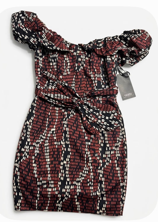 WHBM Off the Shoulder Ruffle Belted Mini Dress Geometric Brown Black White S