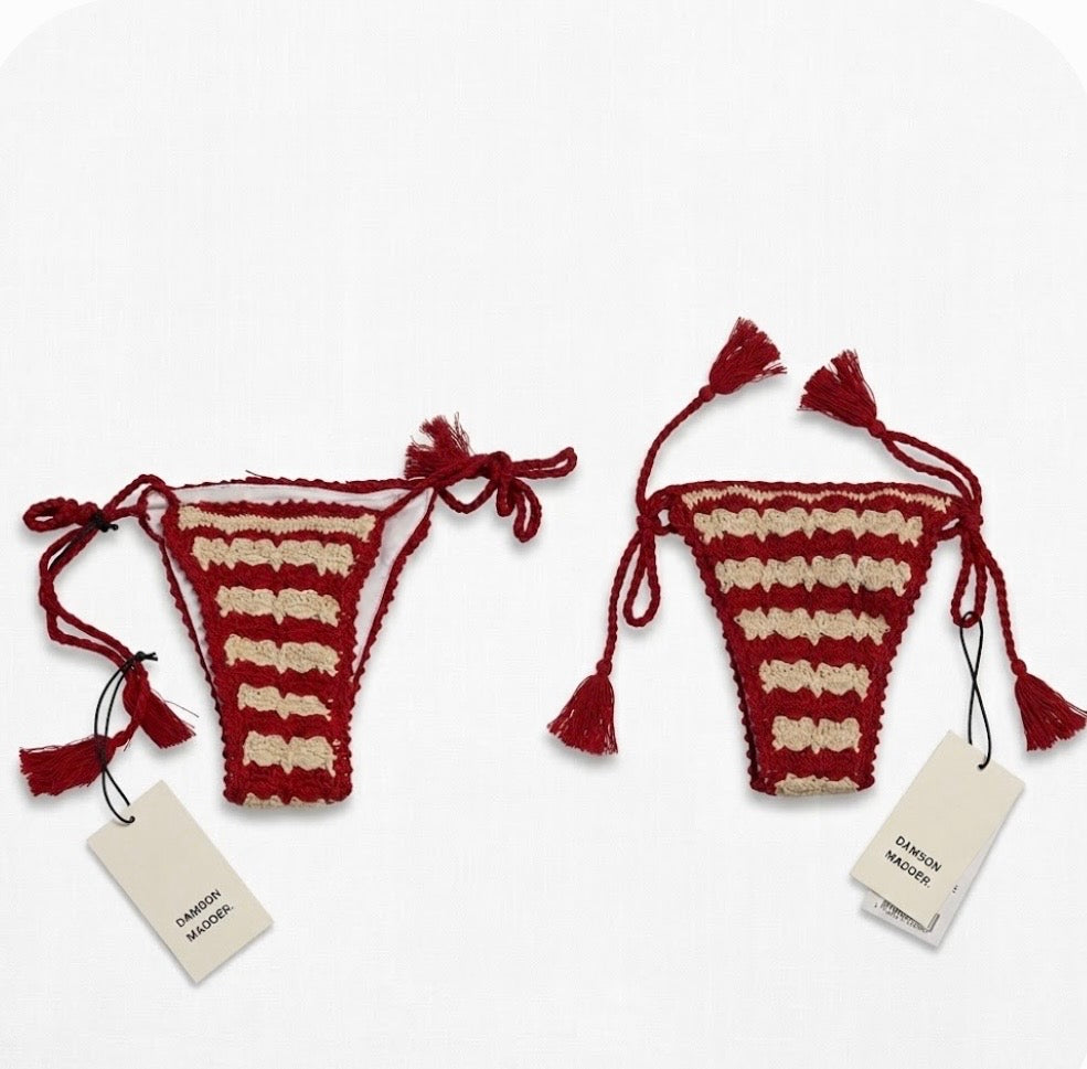 Damson Madder Women's Crochet Side-Tie Bikini Bottom Striped Tassel Red 8