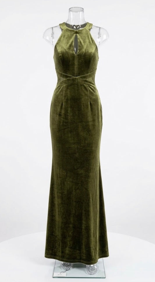 Little Mistress  Olive Velvet Halter Sleeveless Maxi Dress Stretch Tie Size 2