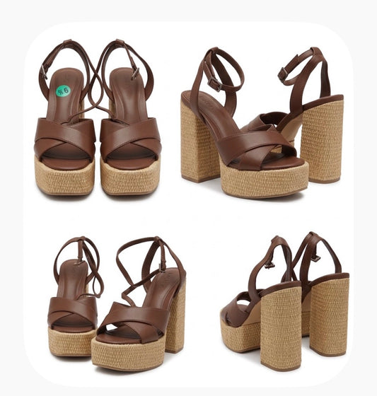 DIANE Brown Beige Leather Strappy Block Heel Sandals Buckle Ankle Strap 9.5 M