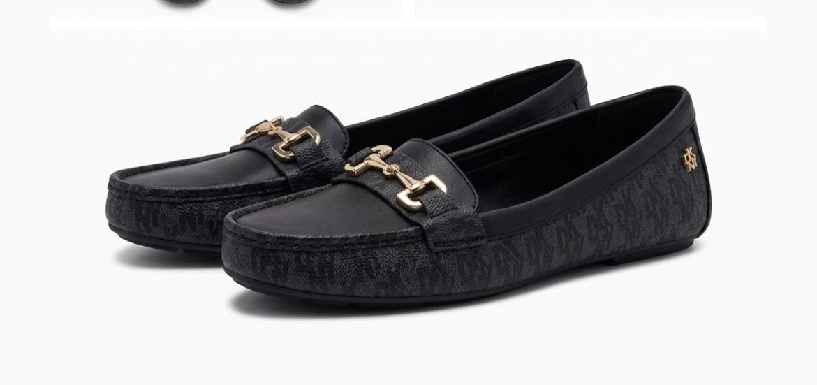 DKNY Women's Black Faux Leather Logo Slip-On Loafer Flats Comfort Size 8.5