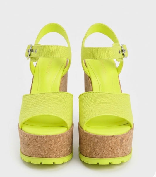 d’amelio Yellow Strappy Wedge Sandals US 10 Buckle Cork Sole Summer