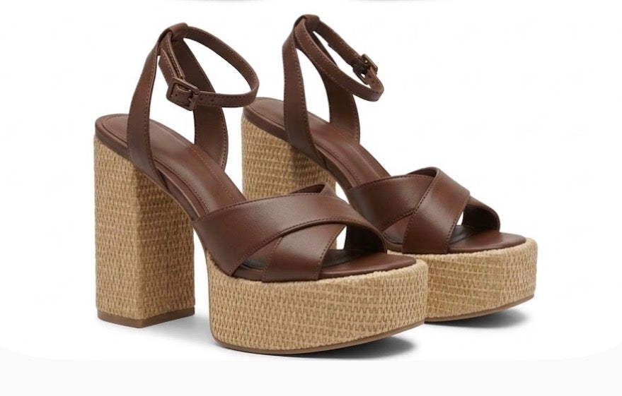 DIANE Brown Beige Leather Strappy Block Heel Sandals Buckle Ankle Strap 9.5  M