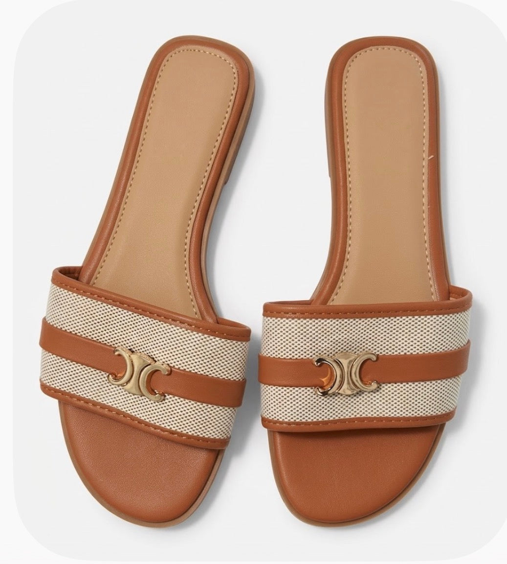 TOP MODA Brown Beige Color block Logo Slide Sandals Slip On Straps US 9