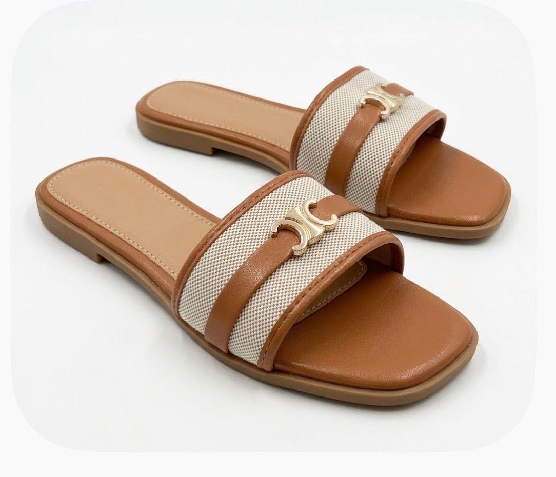 TOP MODA Brown Beige Color block Logo Slide Sandals Slip On Straps US 9