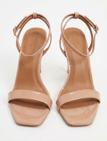 ASOS Beige Patent Leather Strappy Stiletto Heels Square Toe Ankle Strap US 9